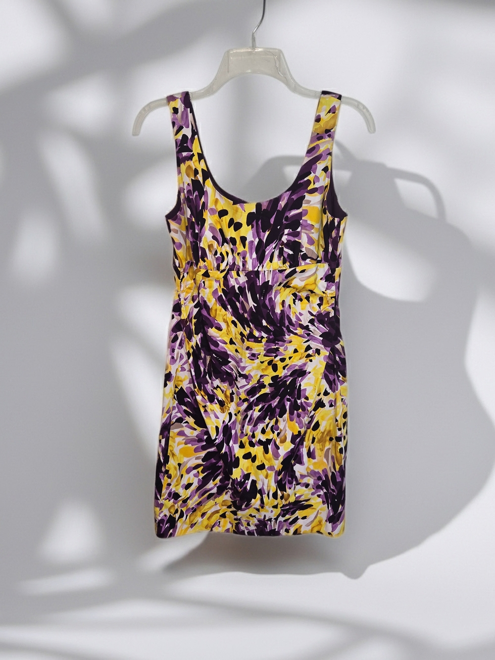 Donna Ricco Purple & Yellow Abstract Print Tank Dress w Ruching Womens Size 8